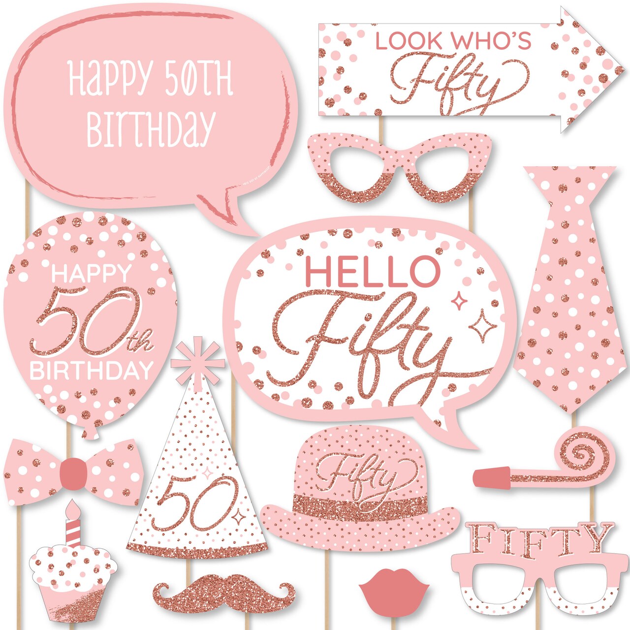 Big Dot of Happiness 50th Pink Rose Gold Birthday - Happy Birthday Party Photo Booth Props Kit - 20 Count